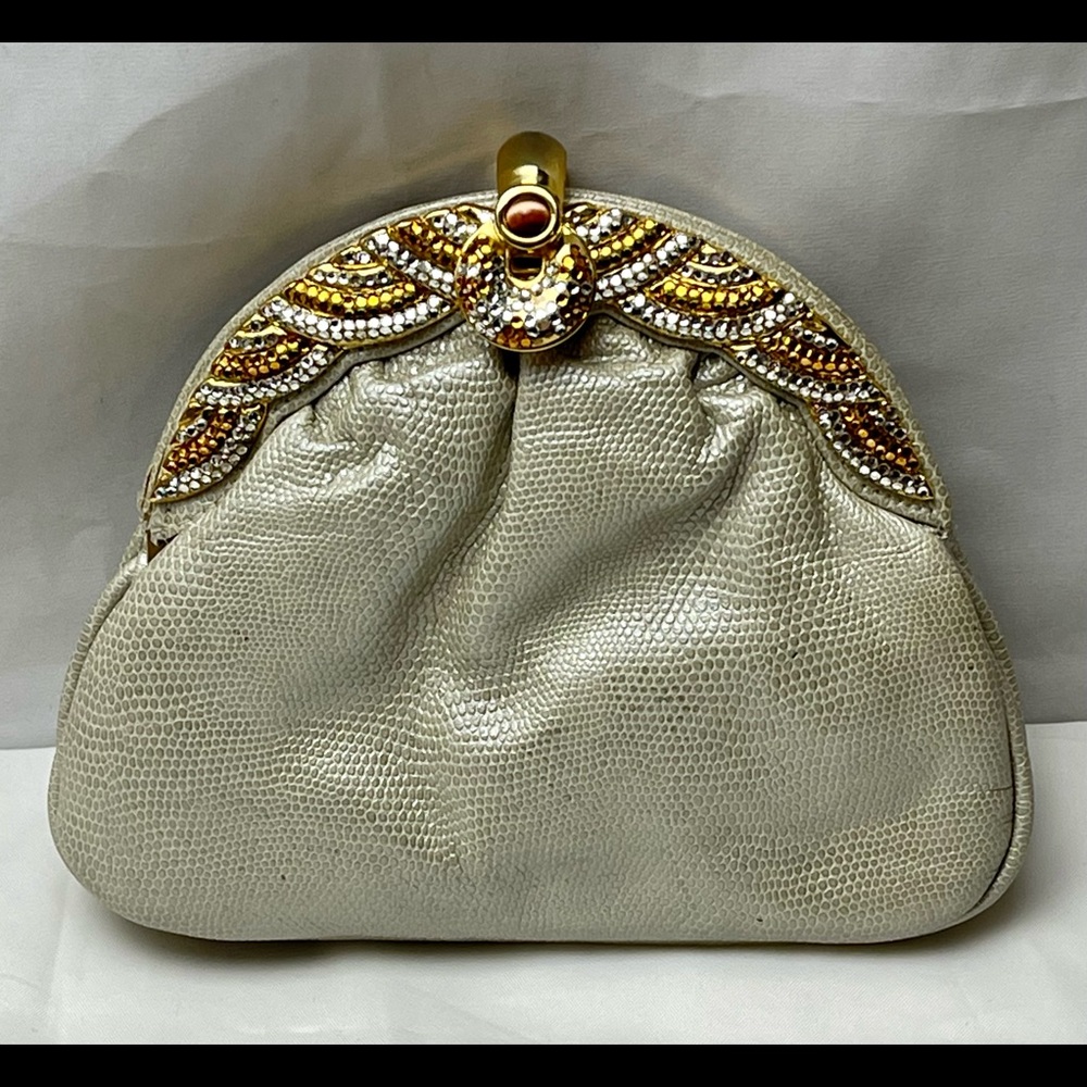 Vintage Frog Skin Leather Clutch Purse with Crystal Studded Clasp by Y&S